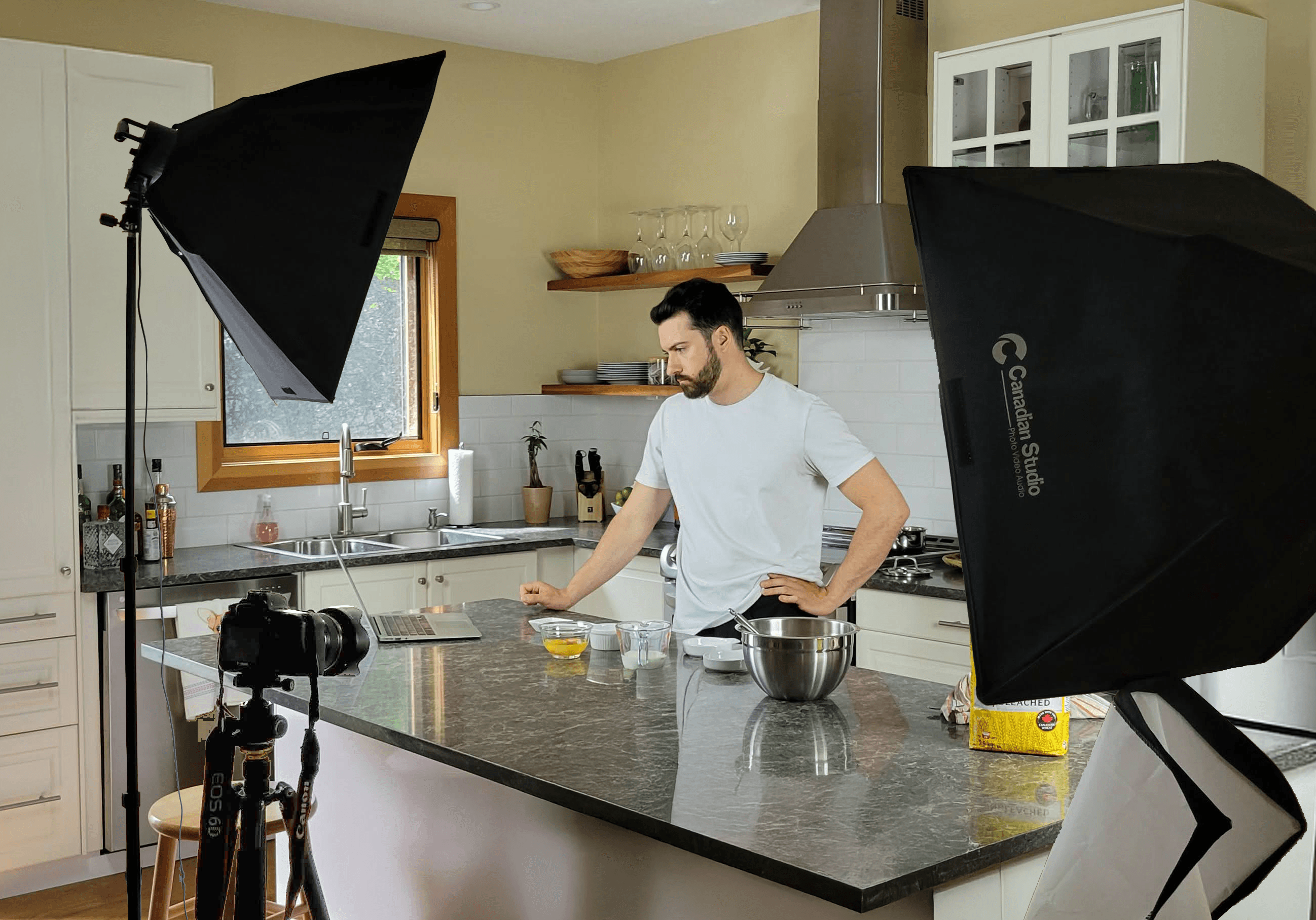 Nick shooting food photography in a kitchen